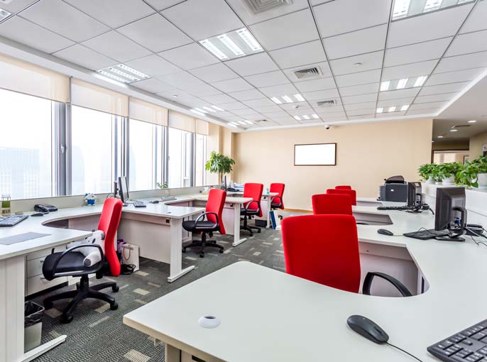 Small office with red chairs